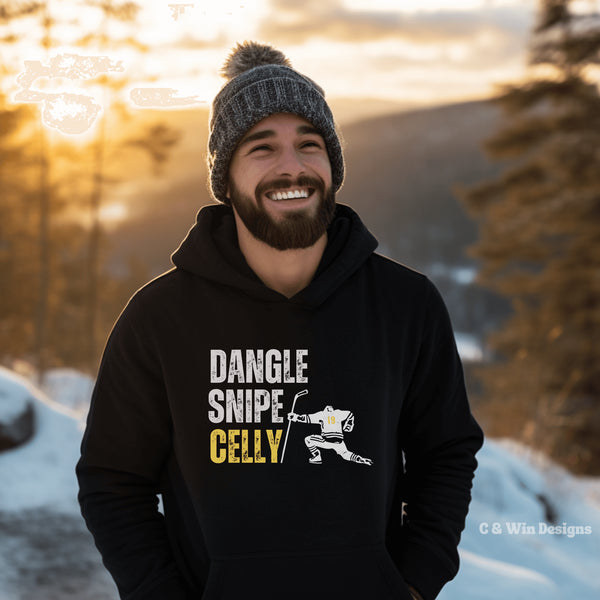This cozy and stylish hoodie features a hockey player celebrating scoring a goal with the words "Dangle, Snipe, Celly" written on it.