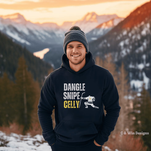 This cozy and stylish hoodie features a hockey player celebrating scoring a goal with the words "Dangle, Snipe, Celly" written on it.
