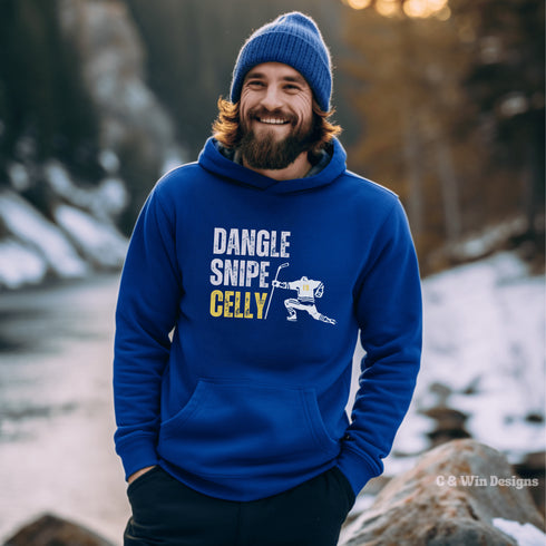 This cozy and stylish hoodie features a hockey player celebrating scoring a goal with the words "Dangle, Snipe, Celly" written on it.