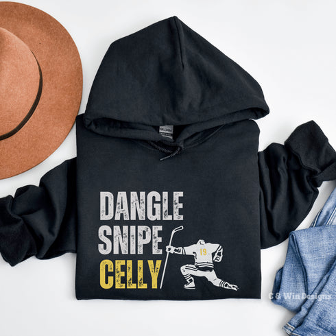 This cozy and stylish hoodie features a hockey player celebrating scoring a goal with the words "Dangle, Snipe, Celly" written on it.