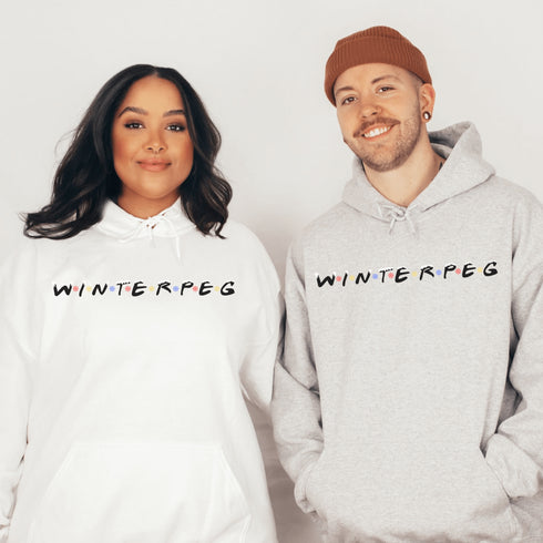 Winnipeg hoodie with Friends font with snow capped lettering and colored snowflakes separating the letters.