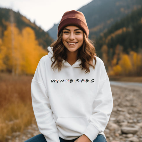 Winnipeg hoodie with Friends font with snow capped lettering and colored snowflakes separating the letters.