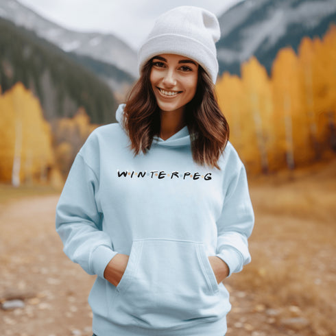 Winnipeg hoodie with Friends font with snow capped lettering and colored snowflakes separating the letters.