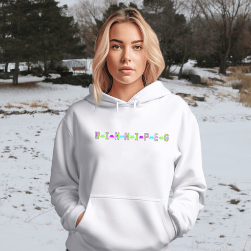 This picture showcases the Winnipeg Retro Gaming Hoodie that has a bold green gaming font with space creatures separating the Winnipeg Letters