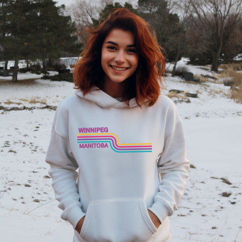 This gender neutral hoodie features a colorful line graphic that pays homage to the vibrant city of Winnipeg, Manitoba.