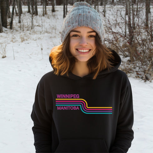 This gender neutral hoodie features a colorful line graphic that pays homage to the vibrant city of Winnipeg, Manitoba.
