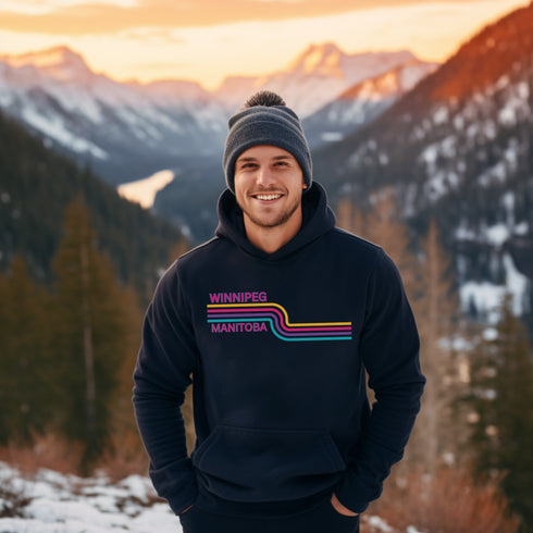 This gender neutral hoodie features a colorful line graphic that pays homage to the vibrant city of Winnipeg, Manitoba.