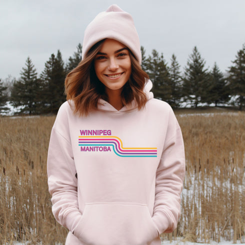This gender neutral hoodie features a colorful line graphic that pays homage to the vibrant city of Winnipeg, Manitoba.