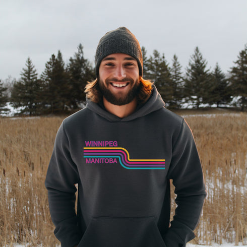 This gender neutral hoodie features a colorful line graphic that pays homage to the vibrant city of Winnipeg, Manitoba.