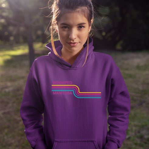 This gender neutral hoodie features a colorful line graphic that pays homage to the vibrant city of Winnipeg, Manitoba.
