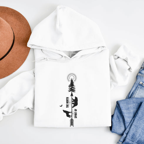 This hoodie features an eye-catching graphic that includes a Polar bear, a Wolf howling at the moon, and a tree with a sun.