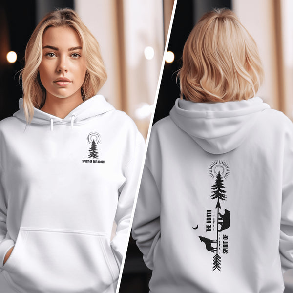 This hoodie features an eye-catching graphic that includes a Polar bear, a Wolf howling at the moon, and a tree with a sun.