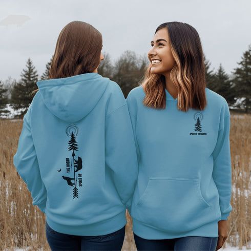 This hoodie features an eye-catching graphic that includes a Polar bear, a Wolf howling at the moon, and a tree with a sun.