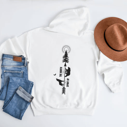 This hoodie features an eye-catching graphic that includes a Polar bear, a Wolf howling at the moon, and a tree with a sun.