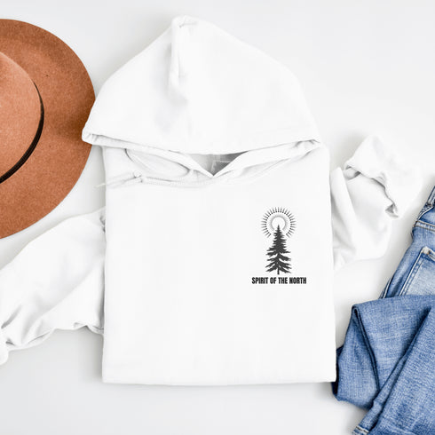 This hoodie features an eye-catching graphic that includes a Polar bear, a Wolf howling at the moon, and a tree with a sun.