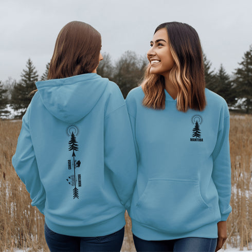 This hoodie features a unique design that showcases the beauty of Manitoba's nature icons, including prairie wheat, geese, bison, trees, and a big sun.