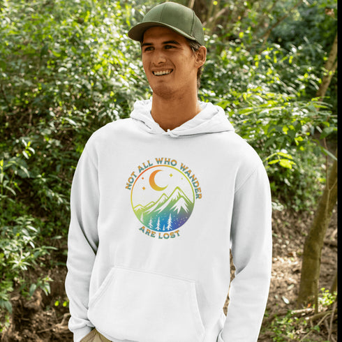 This hoodie features a colorful mountain graphic on the front and the inspiring saying "Not All Who Wander Are Lost" printed on the front.