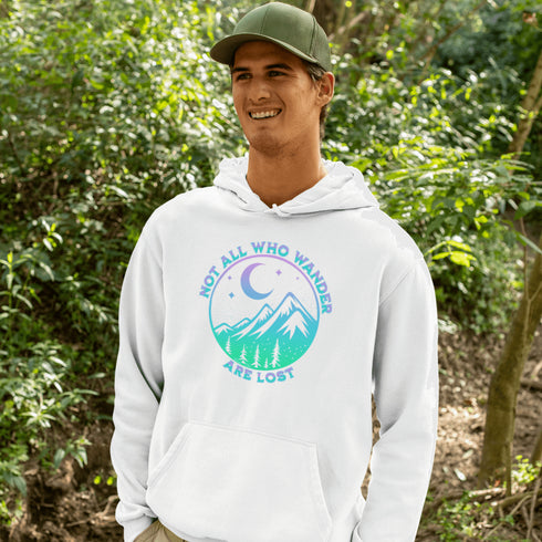 Introducing the perfect addition to your camping wardrobe - our one-of-a-kind hoodie featuring a colorful mountain graphic and the inspiring statement "Not All Who Wander Are Lost".