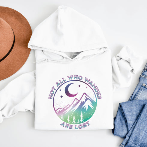 Introducing the perfect hoodie for your next outdoor adventure - our colorful mountain graphic hoodie that says "Not All Who Wander Are Lost".