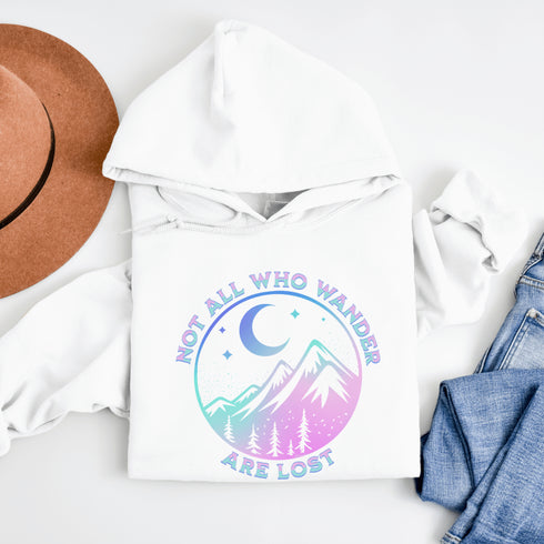 This hoodie features a colorful mountain graphic that will make you feel like you're already on the trail, and the saying "Not All Who Wander Are Lost"