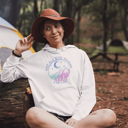 This hoodie features a colorful mountain graphic that will make you feel like you're already on the trail, and the saying "Not All Who Wander Are Lost"