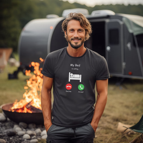 Introducing the ultimate t-shirt for all those who love their bed more than anything else - the My Bed Is Calling tee! Featuring a hilarious stick figure lying in bed, this tee is the perfect way to show off your love for all things cool and comfortable.