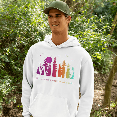 This Camping hoodie features a stunning colorful gradient forest graphic that captures the essence of the great outdoors. With the inspiring saying "WILD-Not All Who Wander Are Lost" boldly printed, it serves as a reminder to embrace your wild spirit and wanderlust.