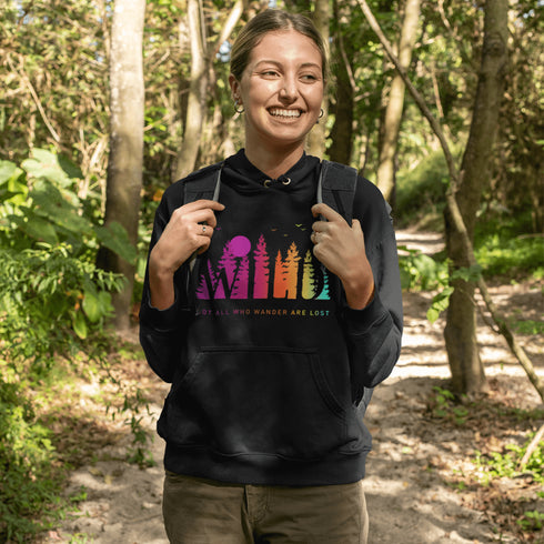 This Camping hoodie features a stunning colorful gradient forest graphic that captures the essence of the great outdoors. With the inspiring saying "WILD-Not All Who Wander Are Lost" boldly printed, it serves as a reminder to embrace your wild spirit and wanderlust.