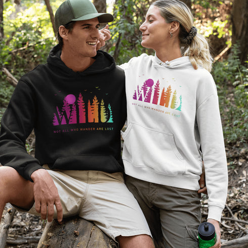 This Camping hoodie features a stunning colorful gradient forest graphic that captures the essence of the great outdoors. With the inspiring saying "WILD-Not All Who Wander Are Lost" boldly printed, it serves as a reminder to embrace your wild spirit and wanderlust.