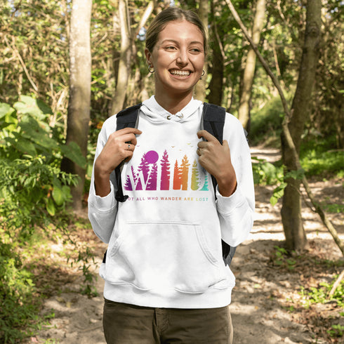 This Camping hoodie features a stunning colorful gradient forest graphic that captures the essence of the great outdoors. With the inspiring saying "WILD-Not All Who Wander Are Lost" boldly printed, it serves as a reminder to embrace your wild spirit and wanderlust.