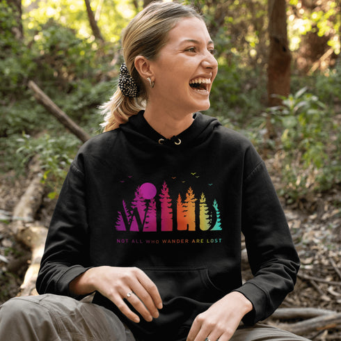 This Camping hoodie features a stunning colorful gradient forest graphic that captures the essence of the great outdoors. With the inspiring saying "WILD-Not All Who Wander Are Lost" boldly printed, it serves as a reminder to embrace your wild spirit and wanderlust.