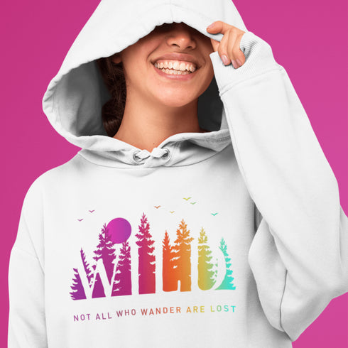 This Camping hoodie features a stunning colorful gradient forest graphic that captures the essence of the great outdoors. With the inspiring saying "WILD-Not All Who Wander Are Lost" boldly printed, it serves as a reminder to embrace your wild spirit and wanderlust.