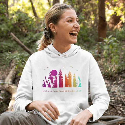 This Camping hoodie features a stunning colorful gradient forest graphic that captures the essence of the great outdoors. With the inspiring saying "WILD-Not All Who Wander Are Lost" boldly printed, it serves as a reminder to embrace your wild spirit and wanderlust.
