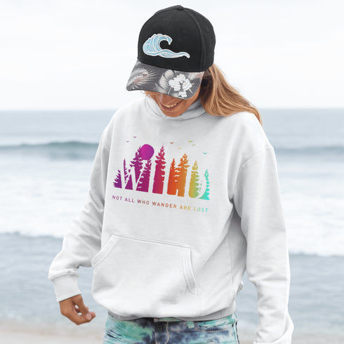 This Camping hoodie features a stunning colorful gradient forest graphic that captures the essence of the great outdoors. With the inspiring saying "WILD-Not All Who Wander Are Lost" boldly printed, it serves as a reminder to embrace your wild spirit and wanderlust.