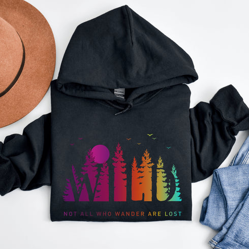 This Camping hoodie features a stunning colorful gradient forest graphic that captures the essence of the great outdoors. With the inspiring saying "WILD-Not All Who Wander Are Lost" boldly printed, it serves as a reminder to embrace your wild spirit and wanderlust.