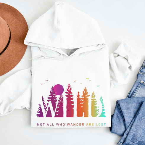 This Camping hoodie features a stunning colorful gradient forest graphic that captures the essence of the great outdoors. With the inspiring saying "WILD-Not All Who Wander Are Lost" boldly printed, it serves as a reminder to embrace your wild spirit and wanderlust.