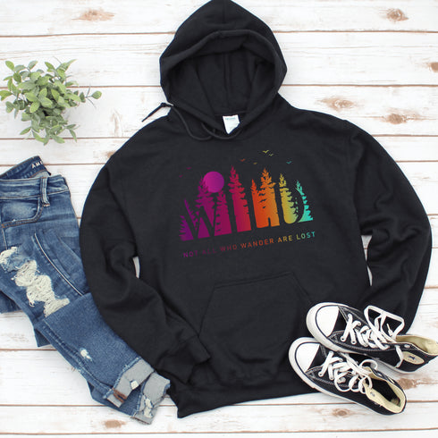 This Camping hoodie features a stunning colorful gradient forest graphic that captures the essence of the great outdoors. With the inspiring saying "WILD-Not All Who Wander Are Lost" boldly printed, it serves as a reminder to embrace your wild spirit and wanderlust.