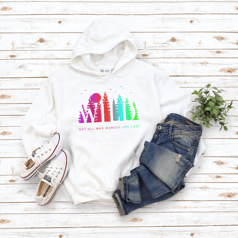This Camping hoodie features a stunning colorful gradient forest graphic that captures the essence of the great outdoors. With the inspiring saying "WILD-Not All Who Wander Are Lost" boldly printed, it serves as a reminder to embrace your wild spirit and wanderlust.