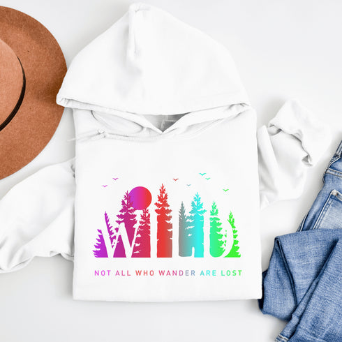 This Camping hoodie features a stunning colorful gradient forest graphic that captures the essence of the great outdoors. With the inspiring saying "WILD-Not All Who Wander Are Lost" boldly printed, it serves as a reminder to embrace your wild spirit and wanderlust.