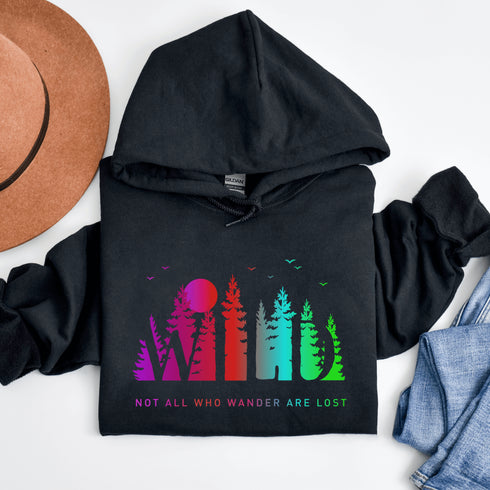 This Camping hoodie features a stunning colorful gradient forest graphic that captures the essence of the great outdoors. With the inspiring saying "WILD-Not All Who Wander Are Lost" boldly printed, it serves as a reminder to embrace your wild spirit and wanderlust.