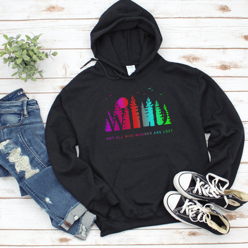 This Camping hoodie features a stunning colorful gradient forest graphic that captures the essence of the great outdoors. With the inspiring saying "WILD-Not All Who Wander Are Lost" boldly printed, it serves as a reminder to embrace your wild spirit and wanderlust.