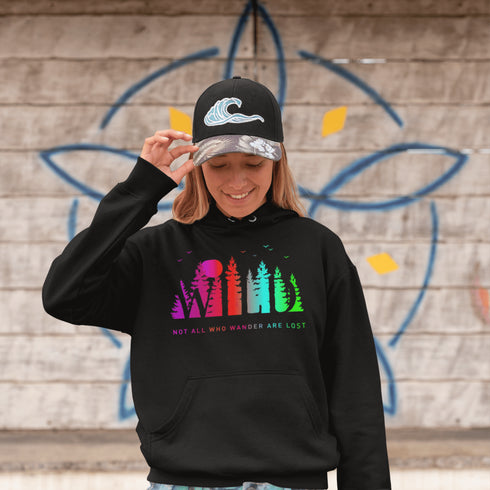 This Camping hoodie features a stunning colorful gradient forest graphic that captures the essence of the great outdoors. With the inspiring saying "WILD-Not All Who Wander Are Lost" boldly printed, it serves as a reminder to embrace your wild spirit and wanderlust.