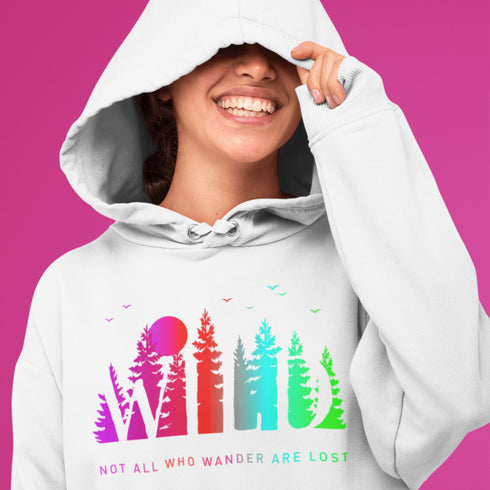 This Camping hoodie features a stunning colorful gradient forest graphic that captures the essence of the great outdoors. With the inspiring saying "WILD-Not All Who Wander Are Lost" boldly printed, it serves as a reminder to embrace your wild spirit and wanderlust.