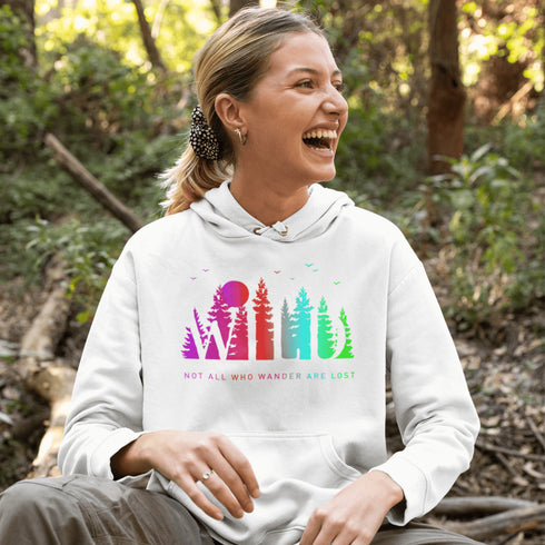 This Camping hoodie features a stunning colorful gradient forest graphic that captures the essence of the great outdoors. With the inspiring saying "WILD-Not All Who Wander Are Lost" boldly printed, it serves as a reminder to embrace your wild spirit and wanderlust.