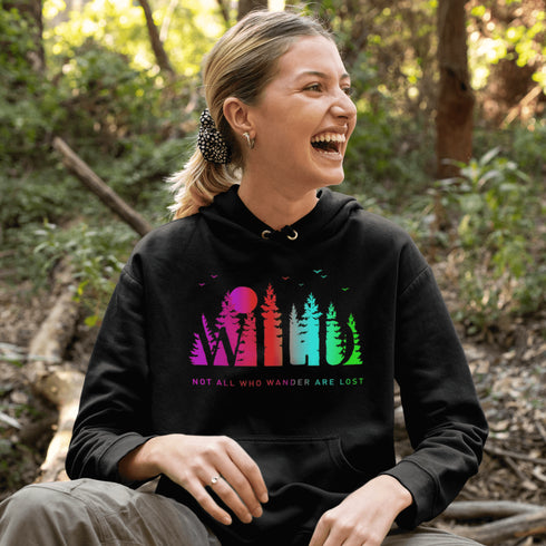 This Camping hoodie features a stunning colorful gradient forest graphic that captures the essence of the great outdoors. With the inspiring saying "WILD-Not All Who Wander Are Lost" boldly printed, it serves as a reminder to embrace your wild spirit and wanderlust.