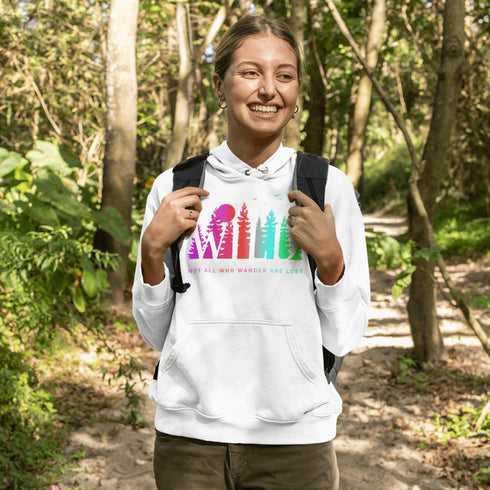 This Camping hoodie features a stunning colorful gradient forest graphic that captures the essence of the great outdoors. With the inspiring saying "WILD-Not All Who Wander Are Lost" boldly printed, it serves as a reminder to embrace your wild spirit and wanderlust.