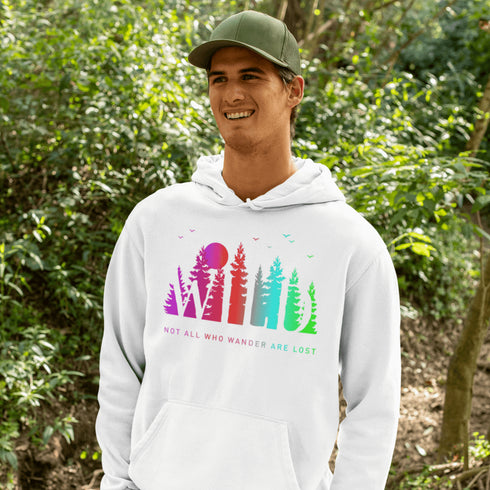This Camping hoodie features a stunning colorful gradient forest graphic that captures the essence of the great outdoors. With the inspiring saying "WILD-Not All Who Wander Are Lost" boldly printed, it serves as a reminder to embrace your wild spirit and wanderlust.