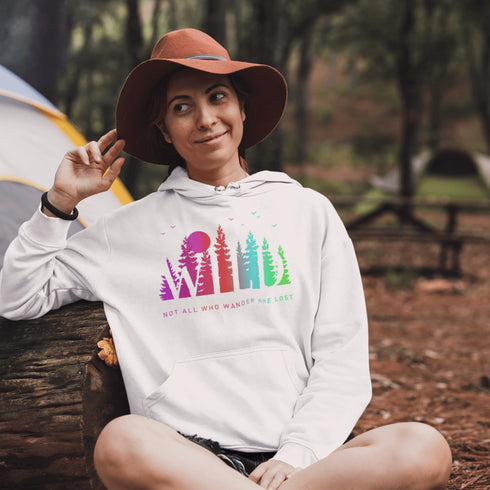 This Camping hoodie features a stunning colorful gradient forest graphic that captures the essence of the great outdoors. With the inspiring saying "WILD-Not All Who Wander Are Lost" boldly printed, it serves as a reminder to embrace your wild spirit and wanderlust.