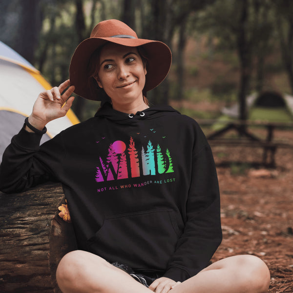 This Camping hoodie features a stunning colorful gradient forest graphic that captures the essence of the great outdoors. With the inspiring saying "WILD-Not All Who Wander Are Lost" boldly printed, it serves as a reminder to embrace your wild spirit and wanderlust.