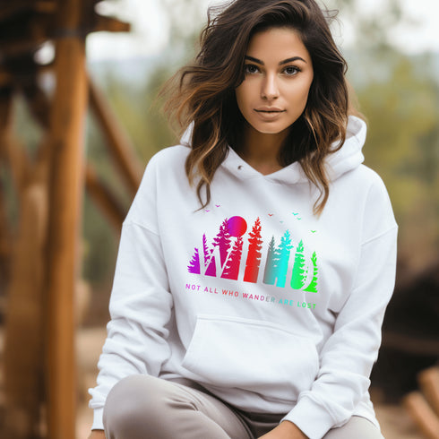 This Camping hoodie features a stunning colorful gradient forest graphic that captures the essence of the great outdoors. With the inspiring saying "WILD-Not All Who Wander Are Lost" boldly printed, it serves as a reminder to embrace your wild spirit and wanderlust.